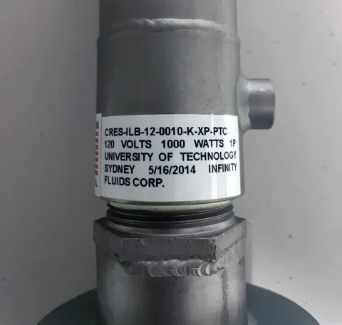 Heater nameplate: CRES-ILB-12-0010-K-XP-PTC, 120 volts, 1000 watts, single phase, Infinity Fluids Corp.